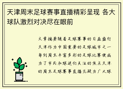 天津周末足球赛事直播精彩呈现 各大球队激烈对决尽在眼前
